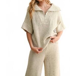 NEW MIOU MUSE half zip short sleeve knitted top in salt and pepper